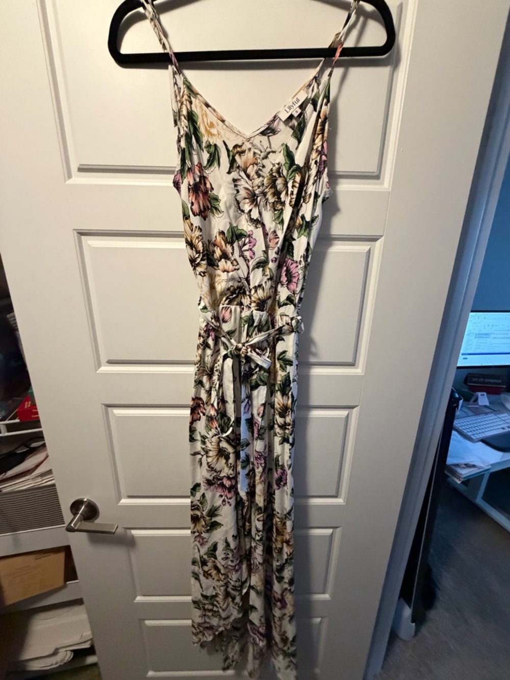 Floral Asymmetrical Maxi Dress in Cream with Green & Pink Accents